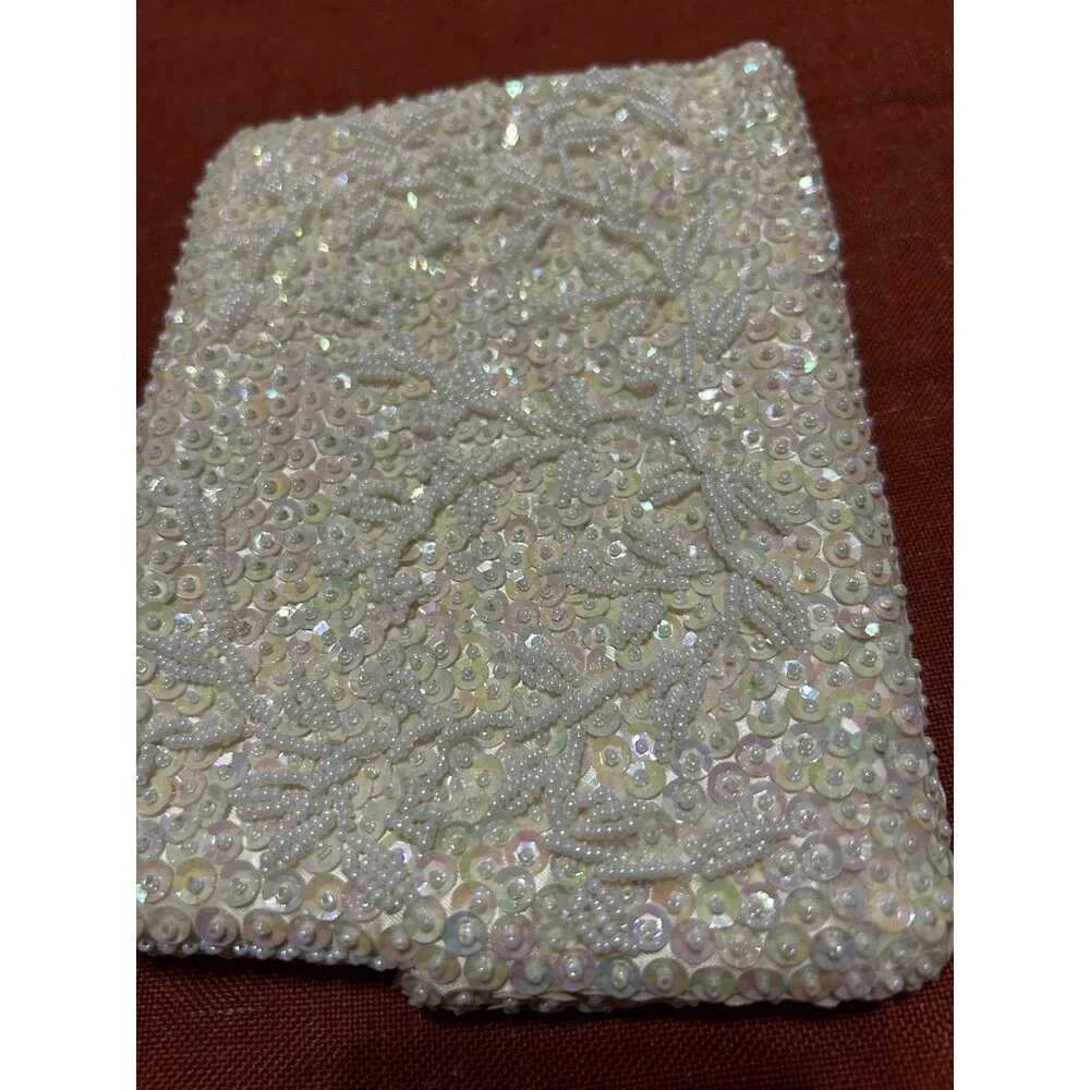 Vintage 50s La Regale Ivory White Beaded Sequin Clutch Bag Purse Gloves Set